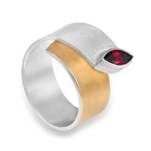 Srebrno Złoty Pierścionek z Granatem Lens N°2